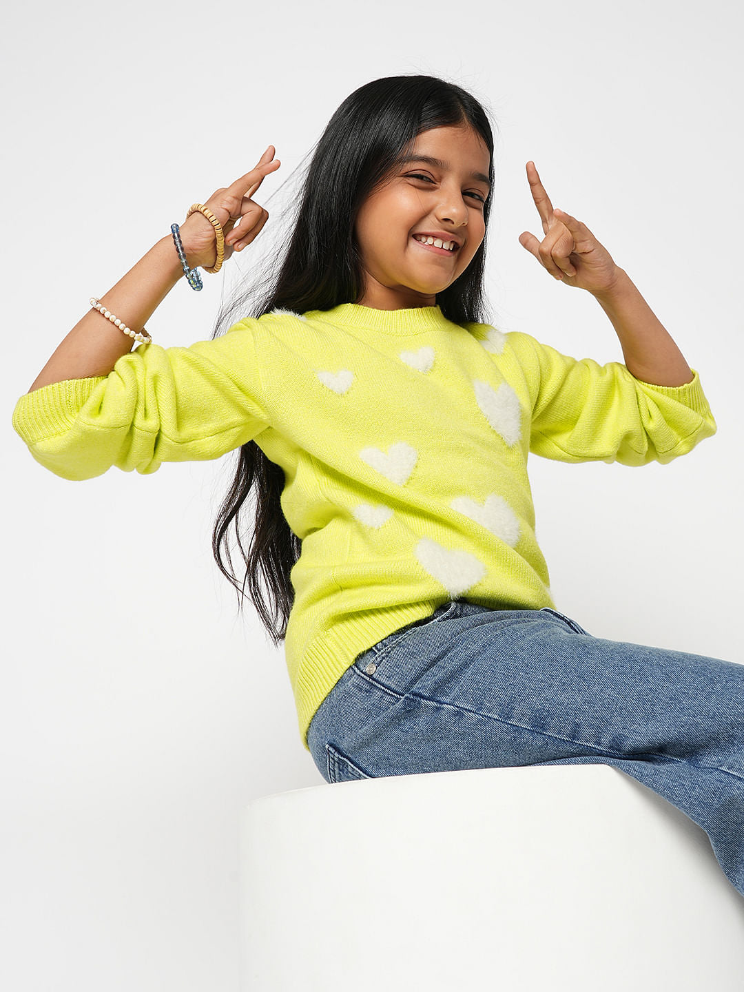 Girl Yellow Fluffy Heart Pullover