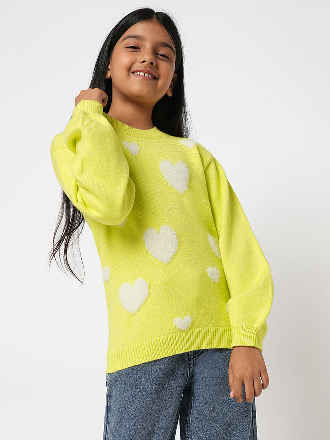 Girl Yellow Fluffy Heart Pullover