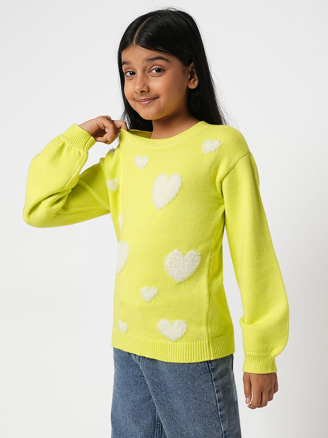 Girl Yellow Fluffy Heart Pullover
