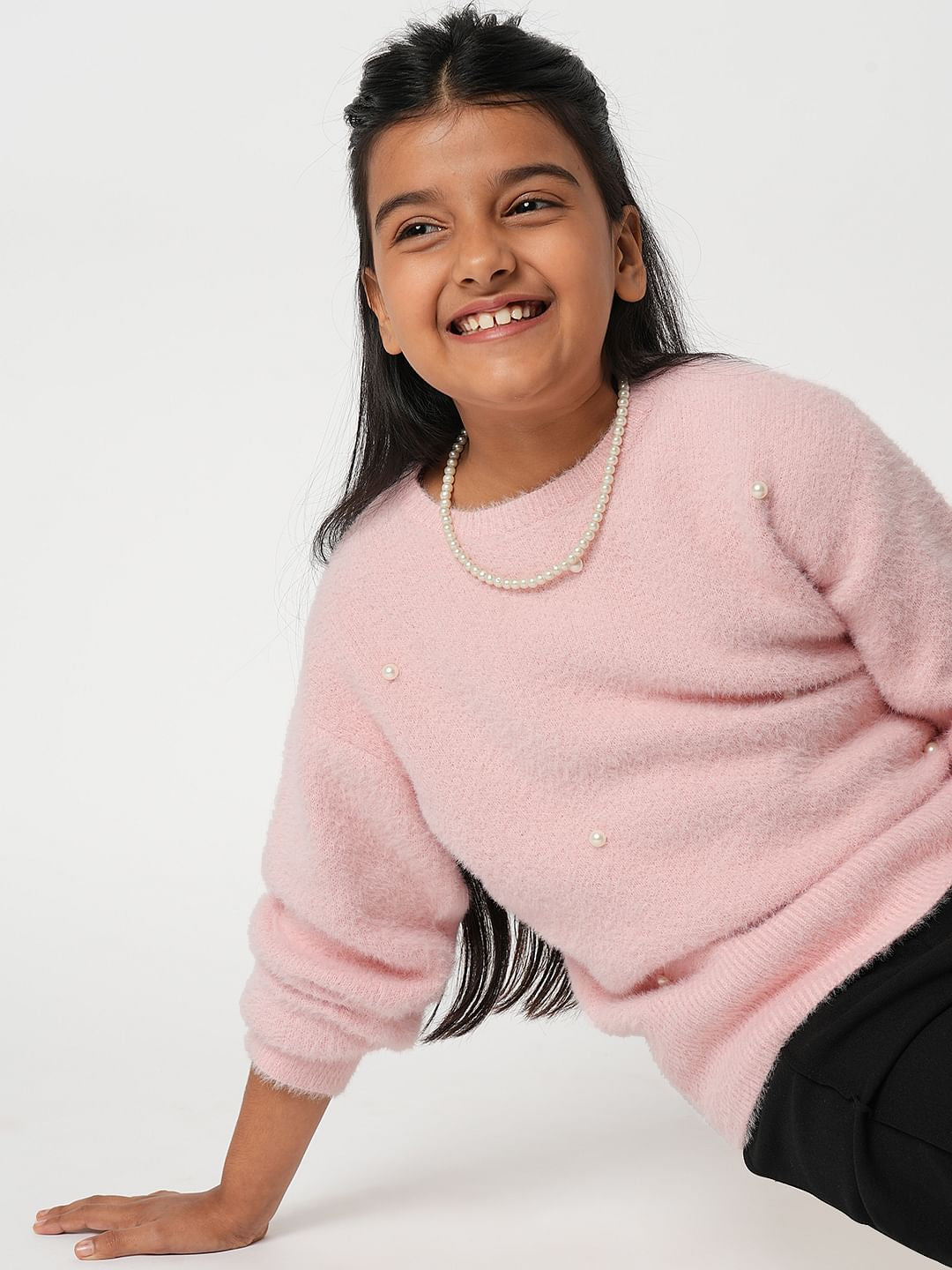 Girl Pink Pearl Embellished Sweater