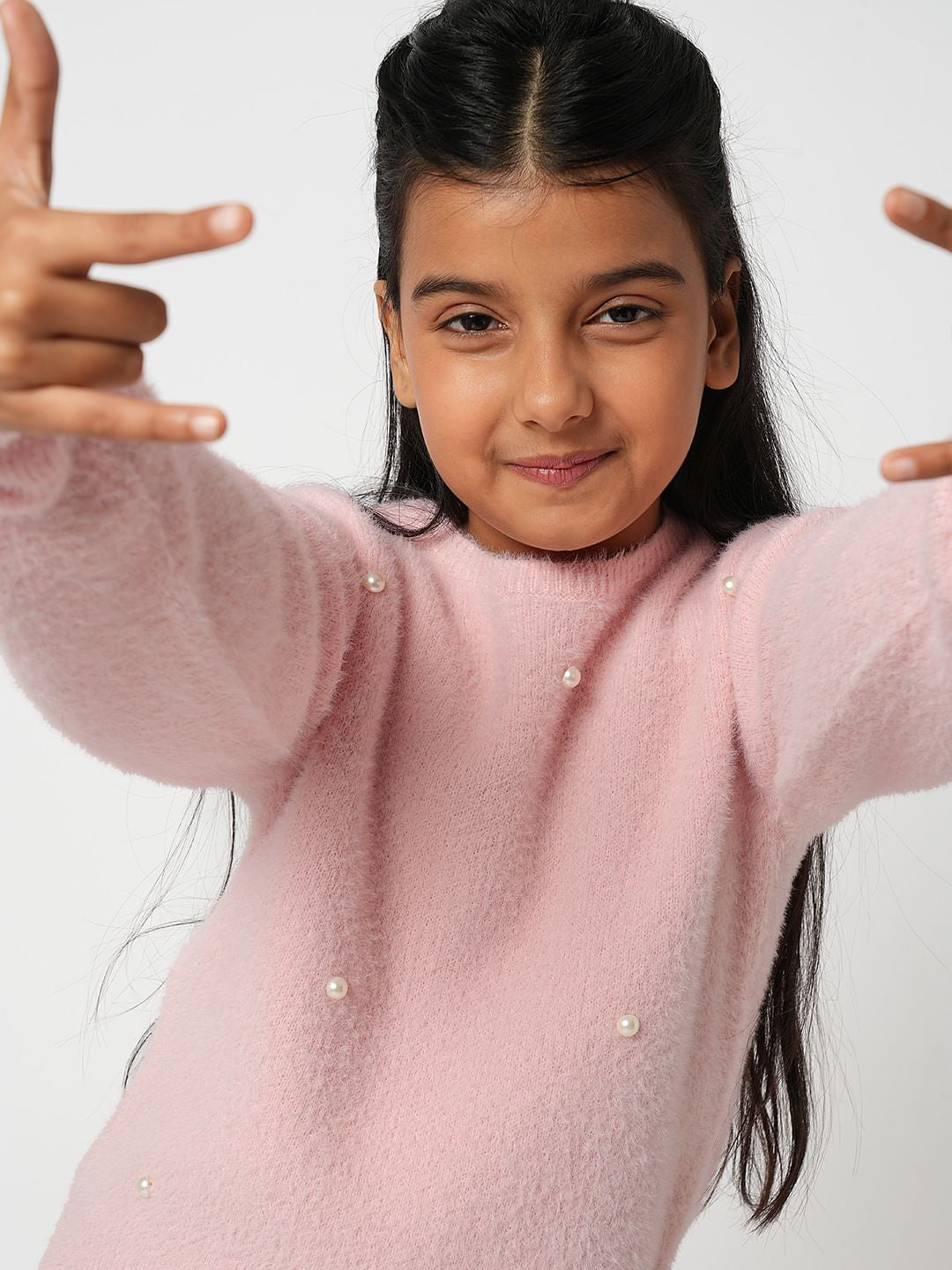 Girl Pink Pearl Embellished Sweater