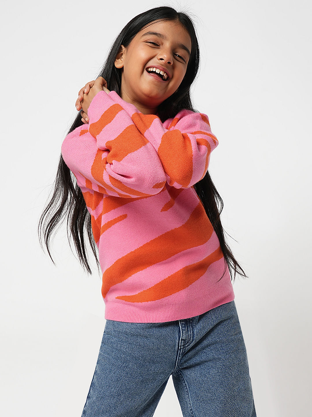 Girl Pink Printed Sweater