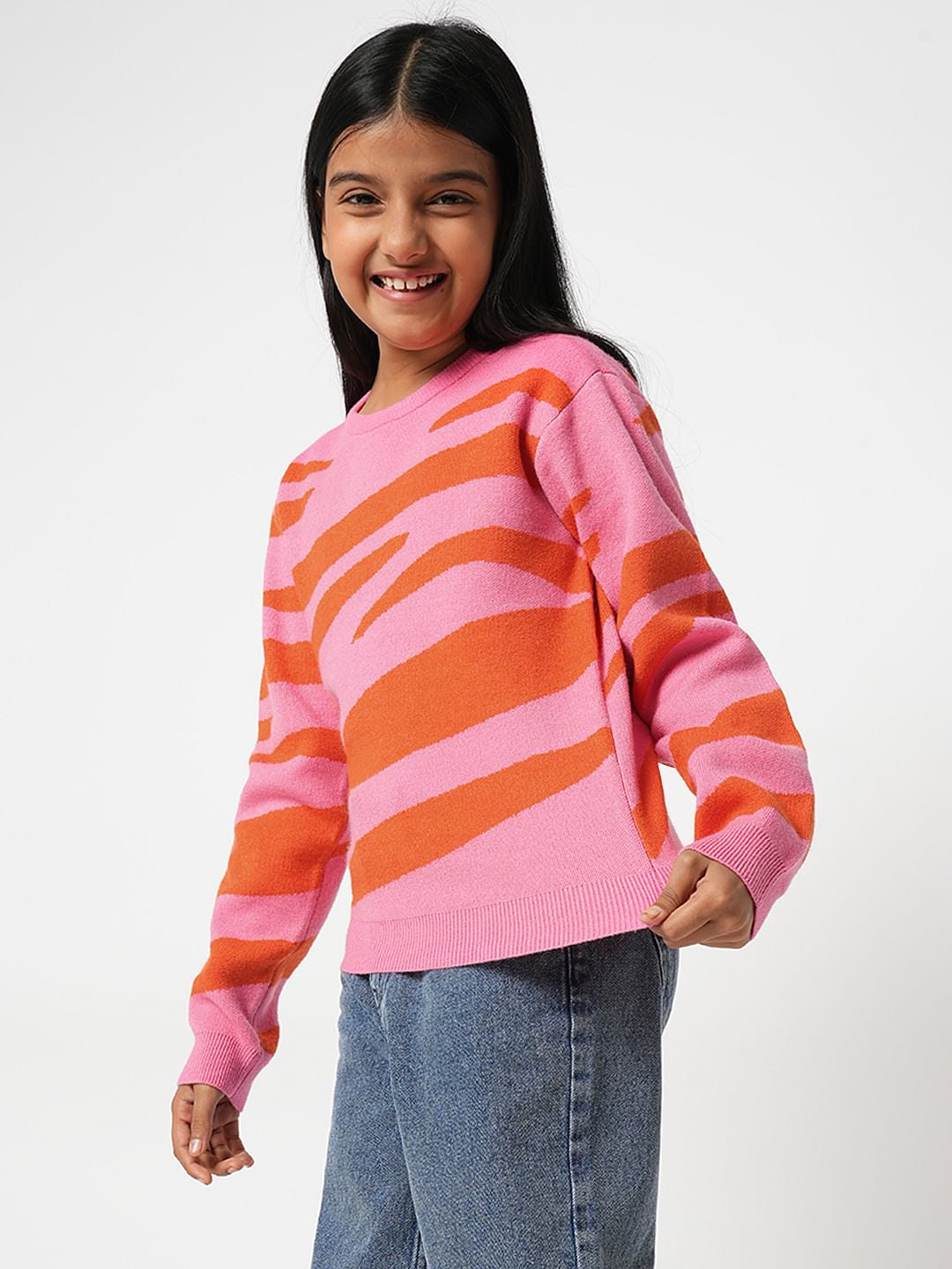 Girl Pink Printed Sweater