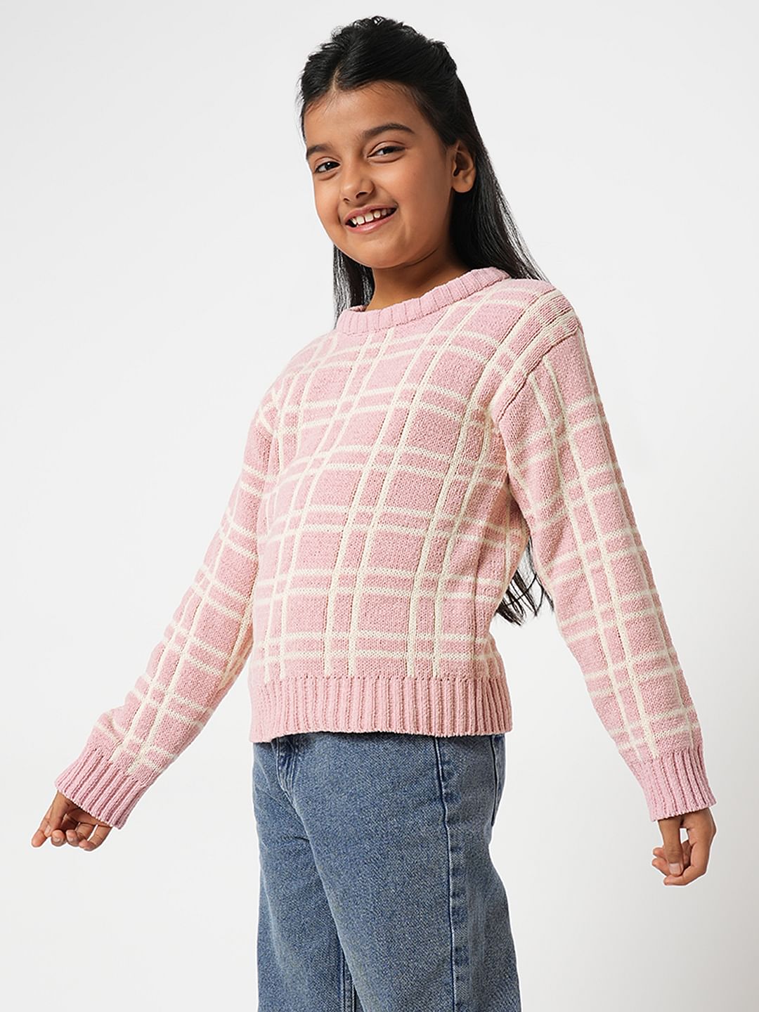 Girl Pink Check Print Sweater