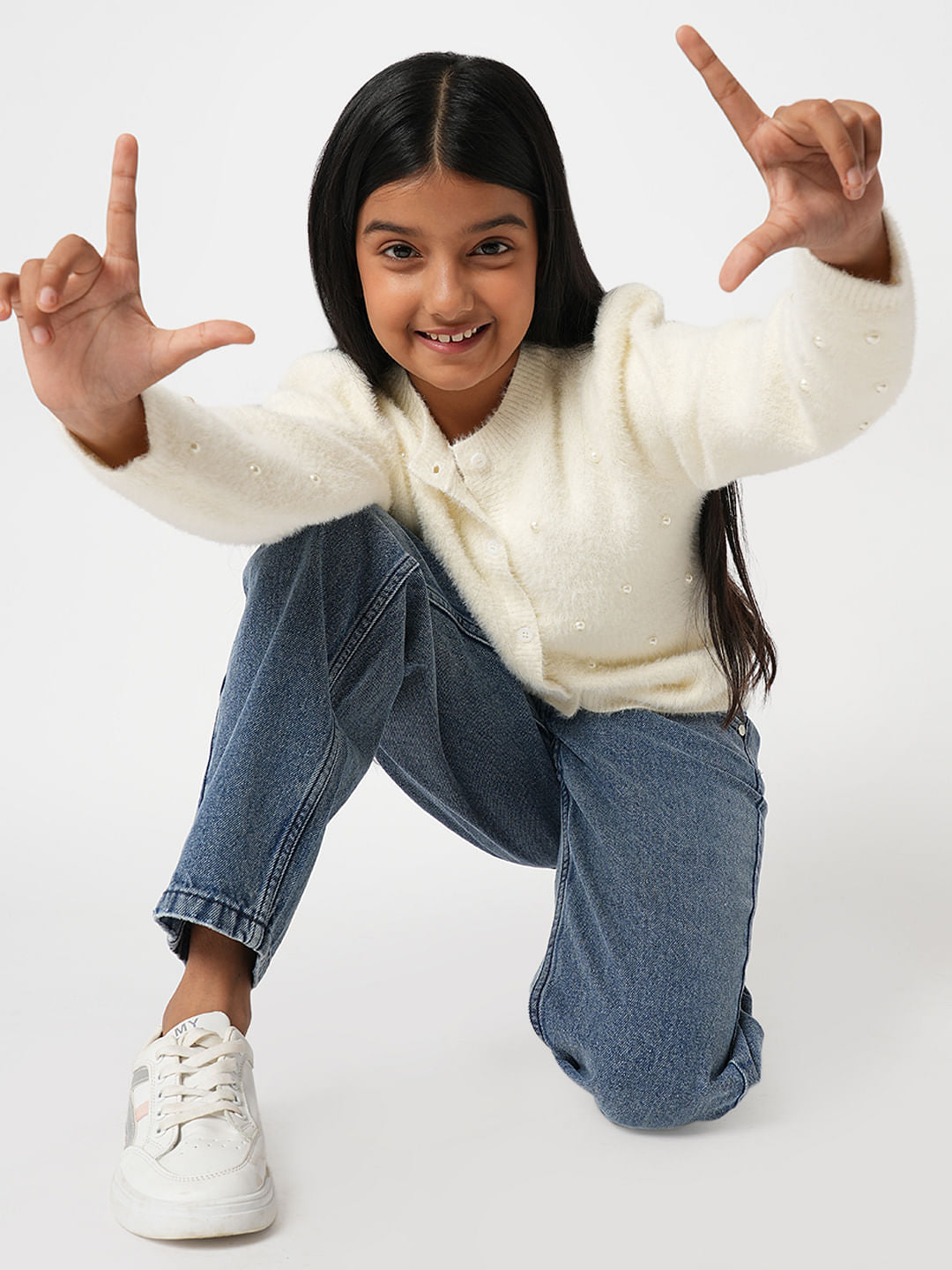 Girl Off-White Pearl Embellished Cardigan