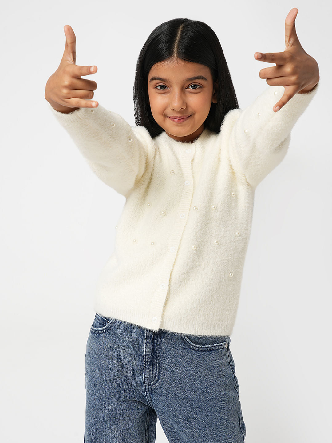 Girl Off-White Pearl Embellished Cardigan