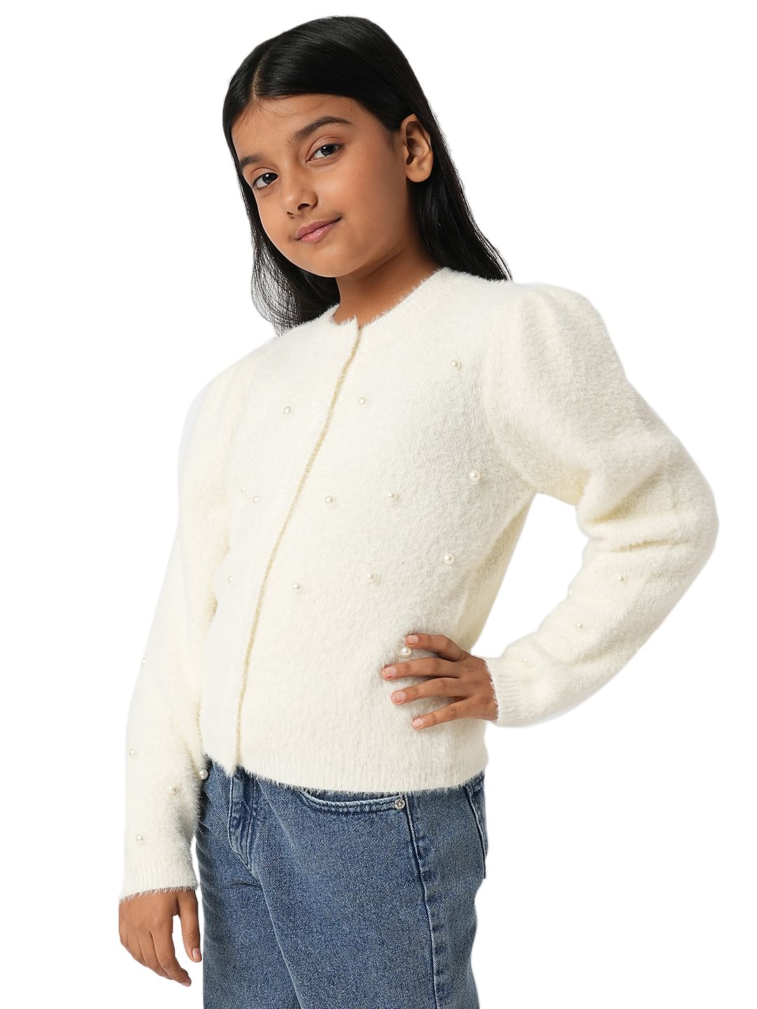 Girl Off-White Pearl Embellished Cardigan