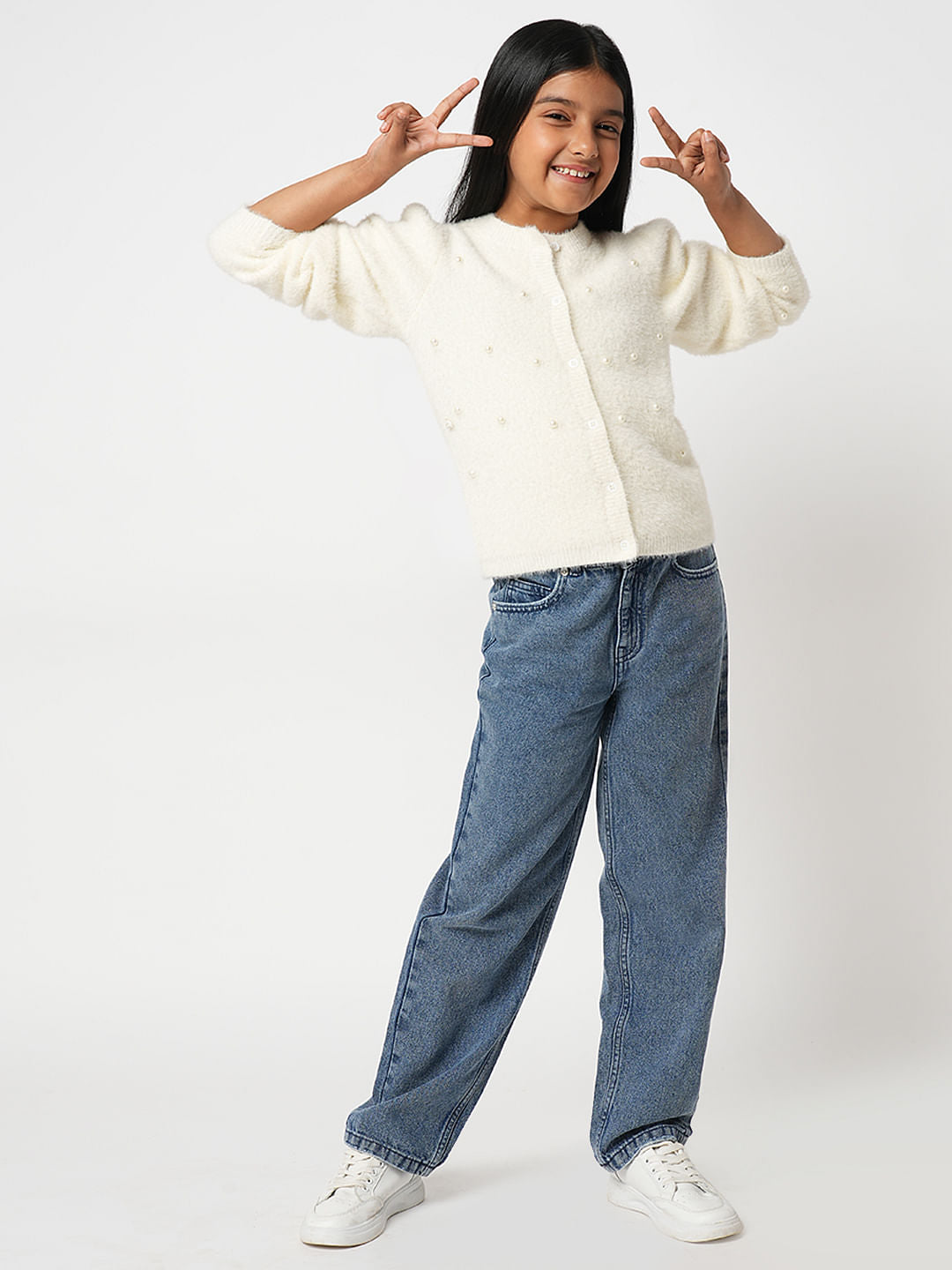 Girl Off-White Pearl Embellished Cardigan