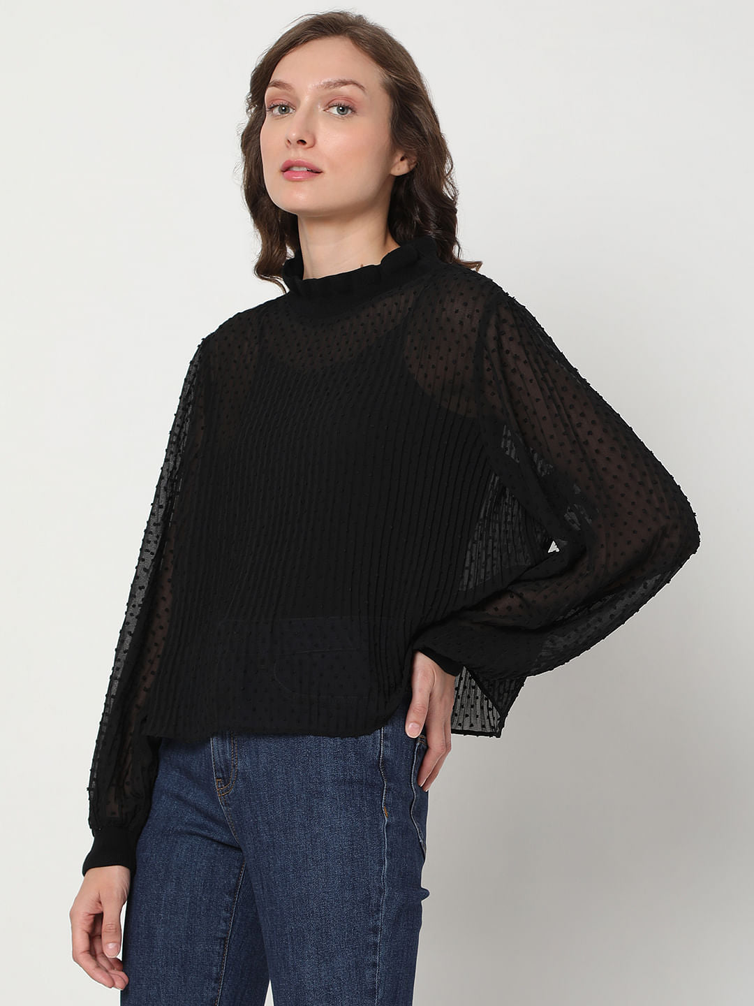Black Dobby Pleated Top