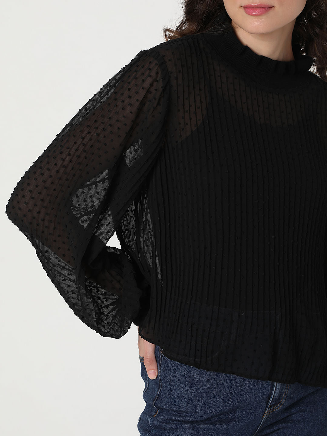 Black Dobby Pleated Top