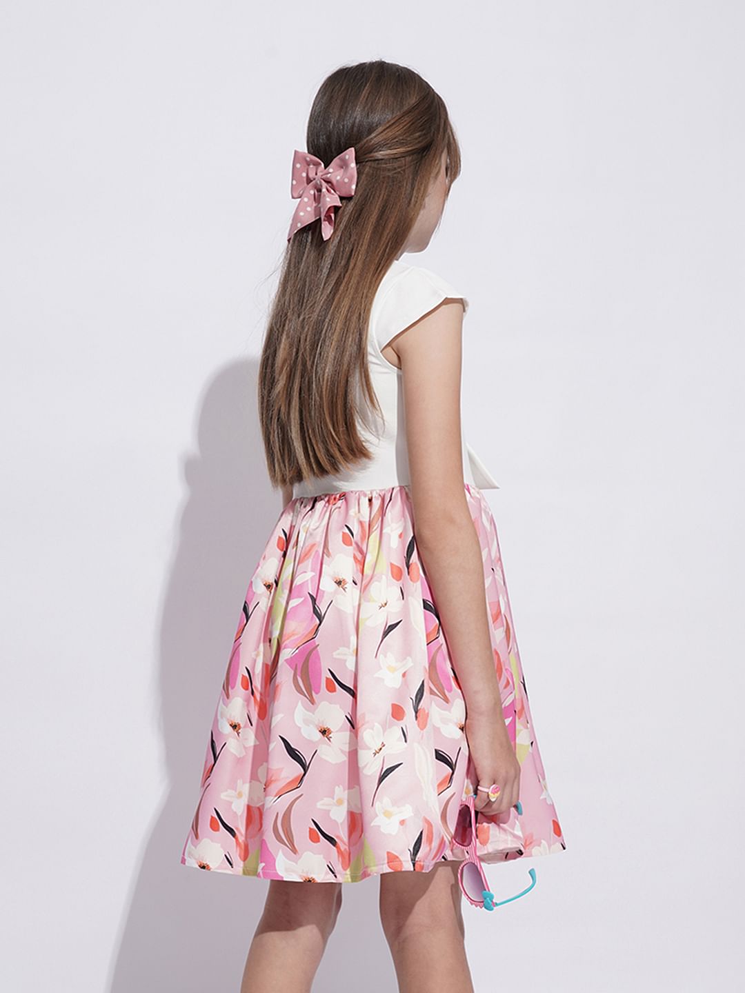 Girls White Printed Fit & Flare Dress