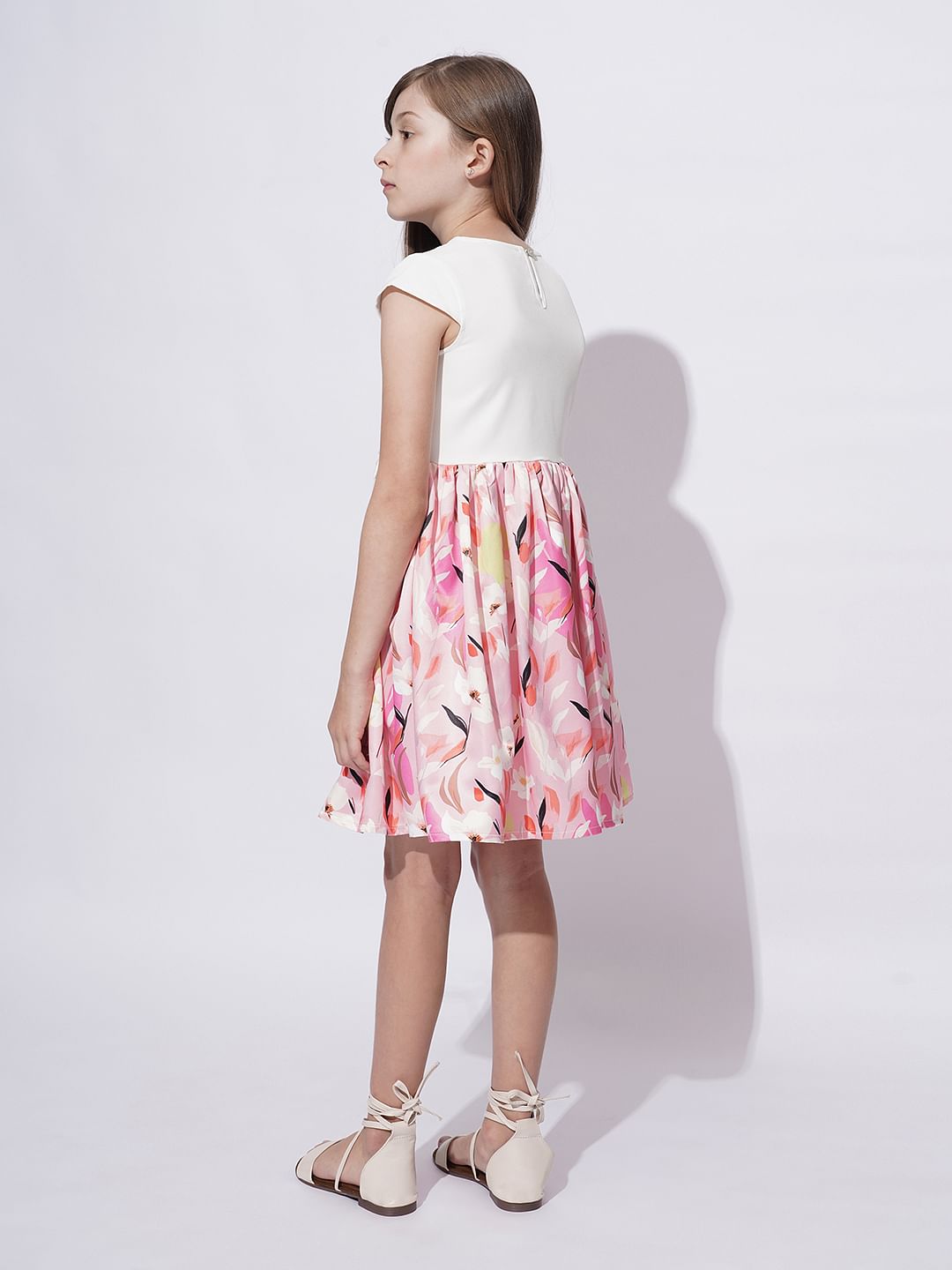 Girls White Printed Fit & Flare Dress