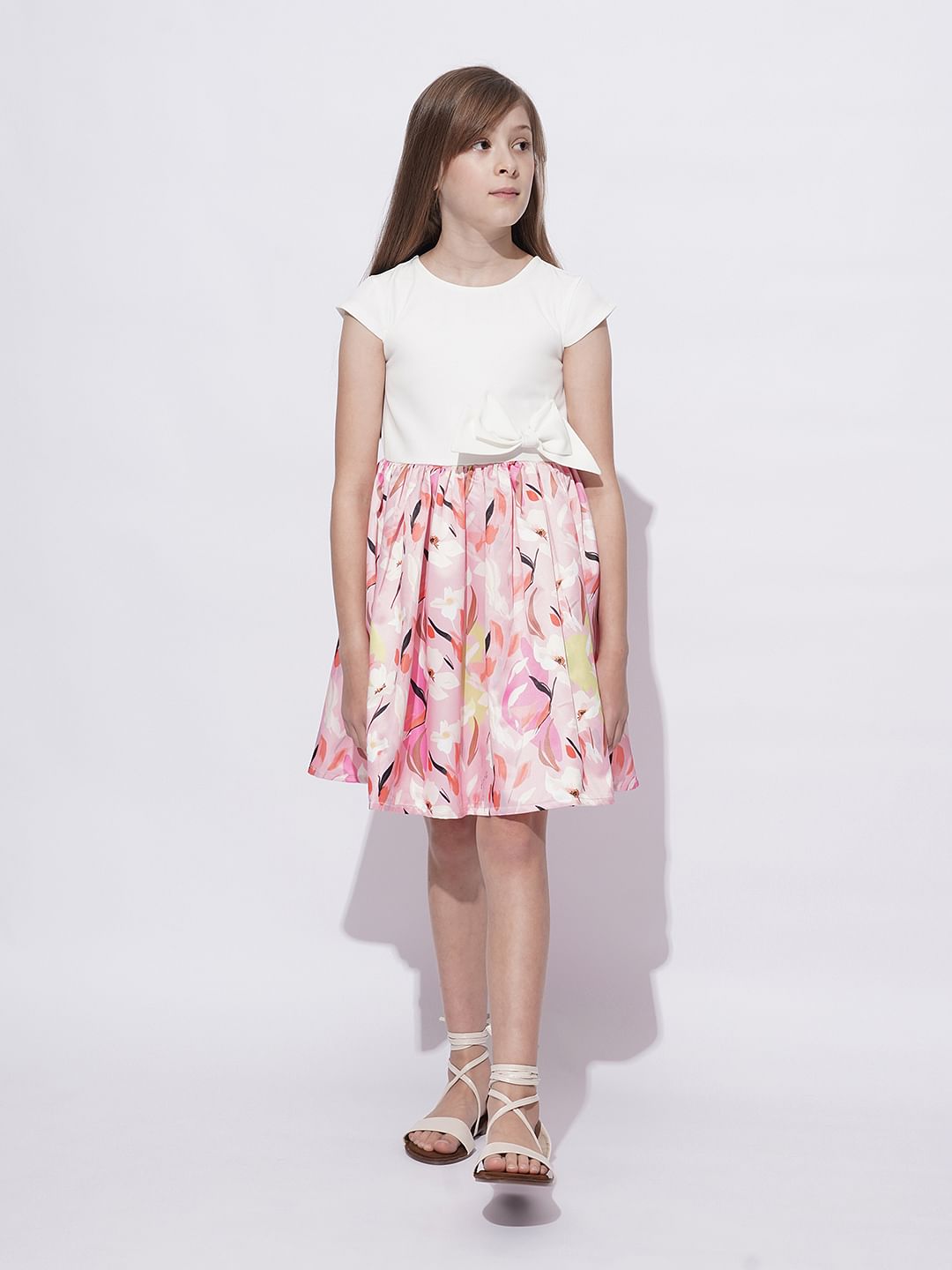 Girls White Printed Fit & Flare Dress