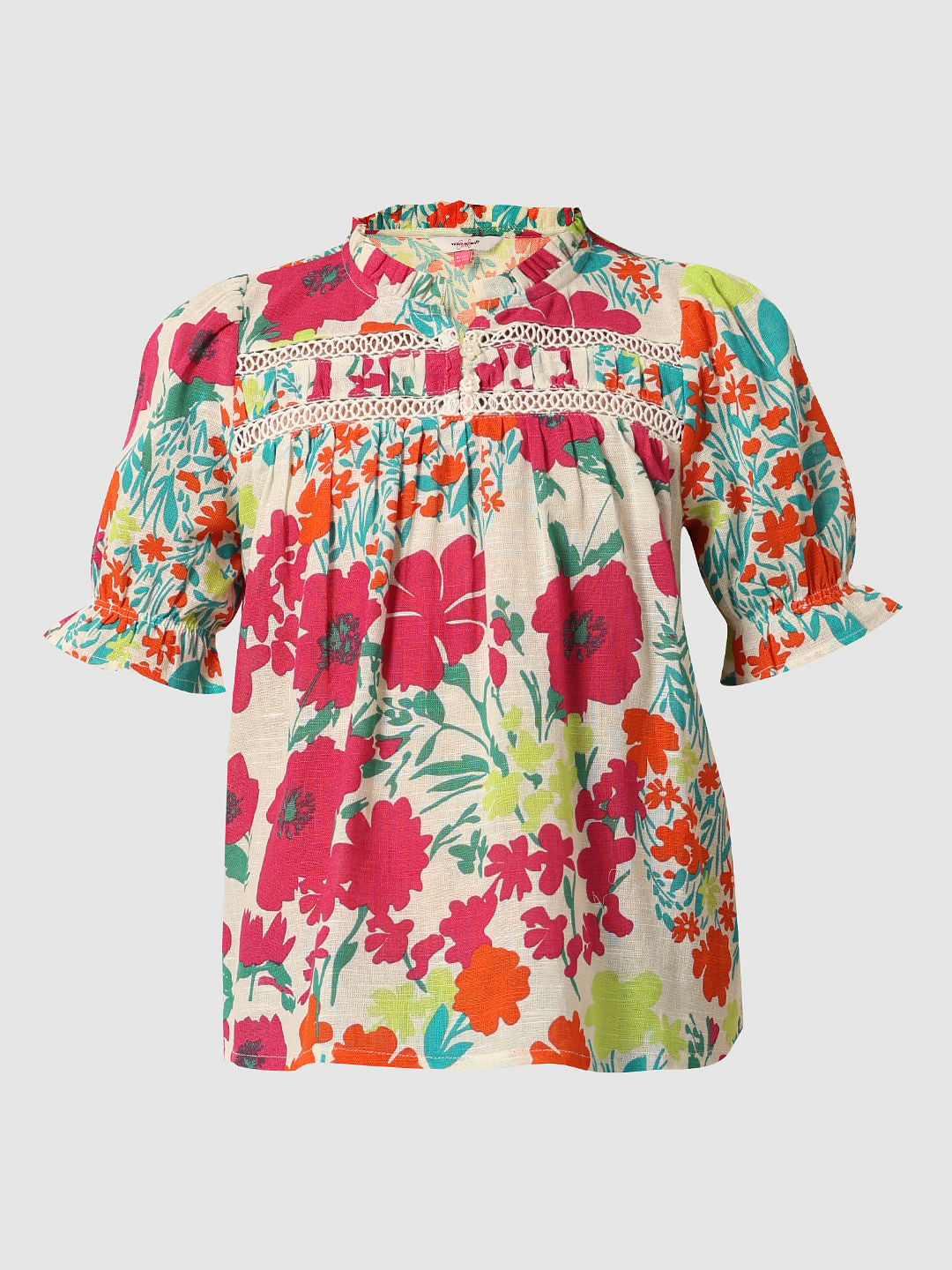 White Floral Print Cotton Top