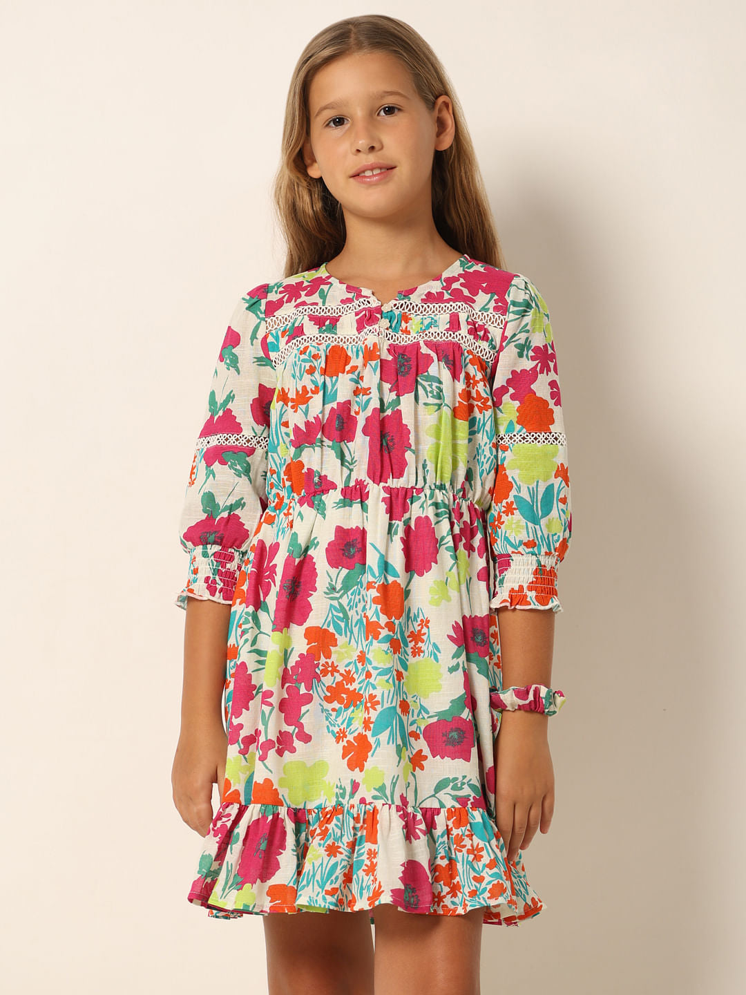 White Floral Print Cotton Dress