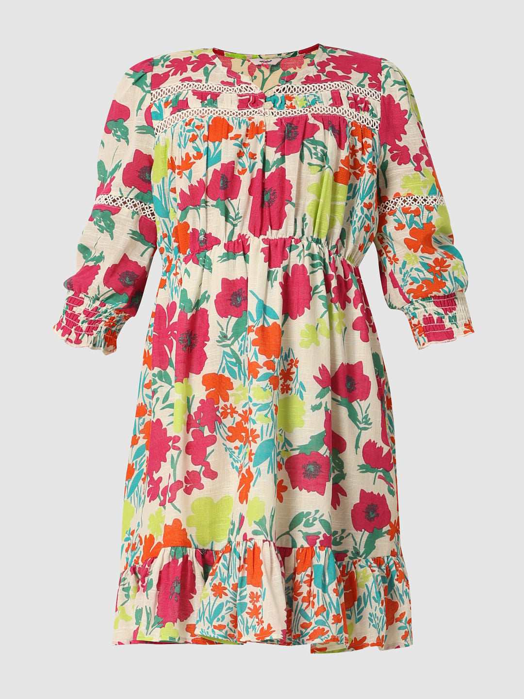 White Floral Print Cotton Dress