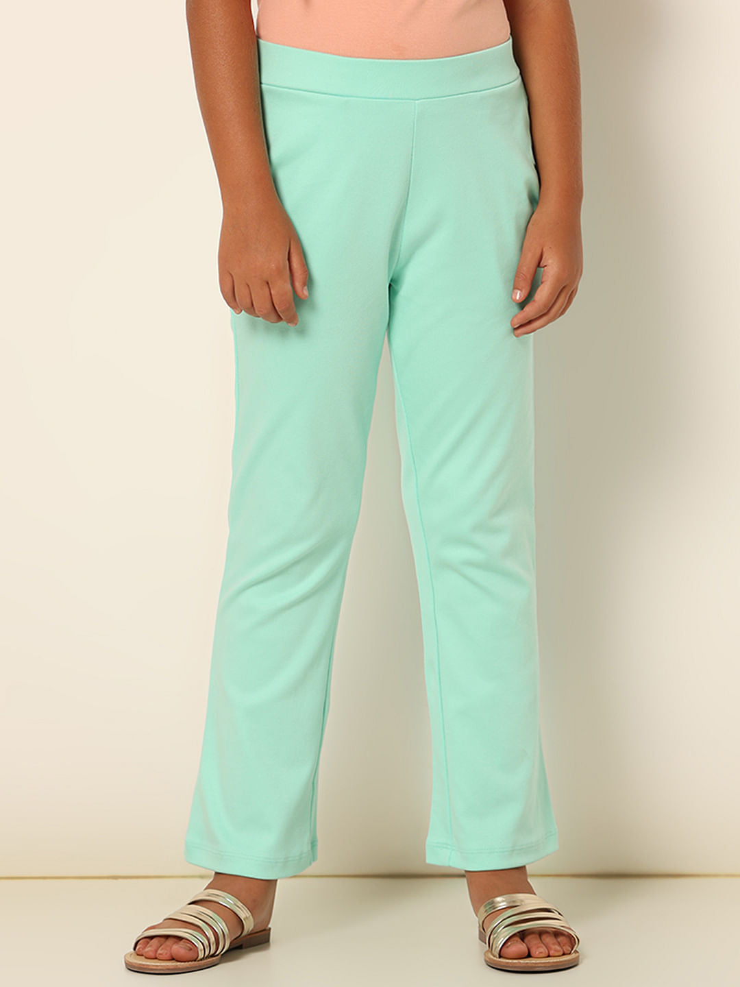 Girls Mint Green Mid Rise Straight Fit Pants