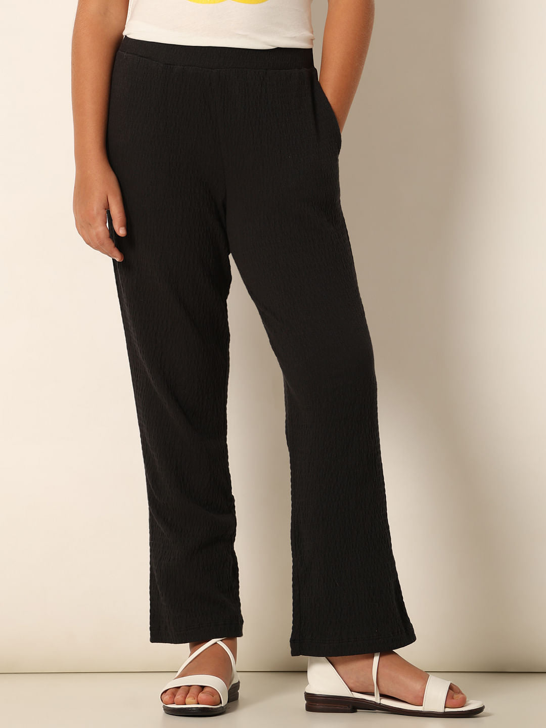 Black Textured Bootcut Pants