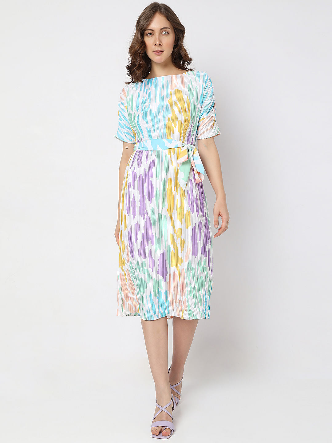 White Colourblocked Pleated Midi Dress