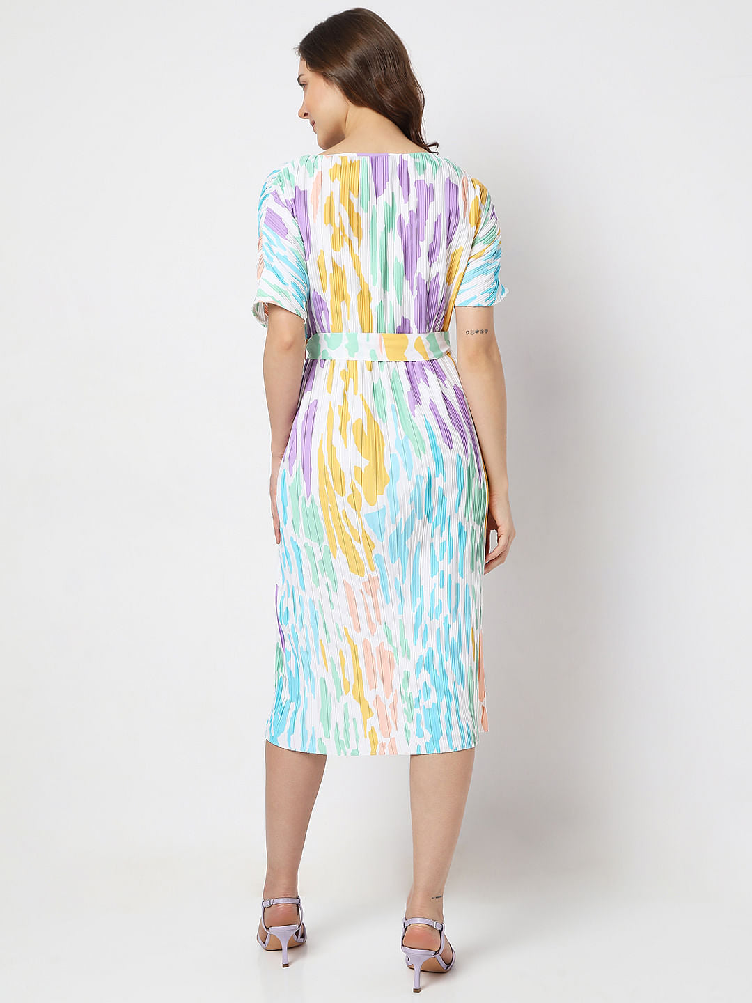 White Colourblocked Pleated Midi Dress