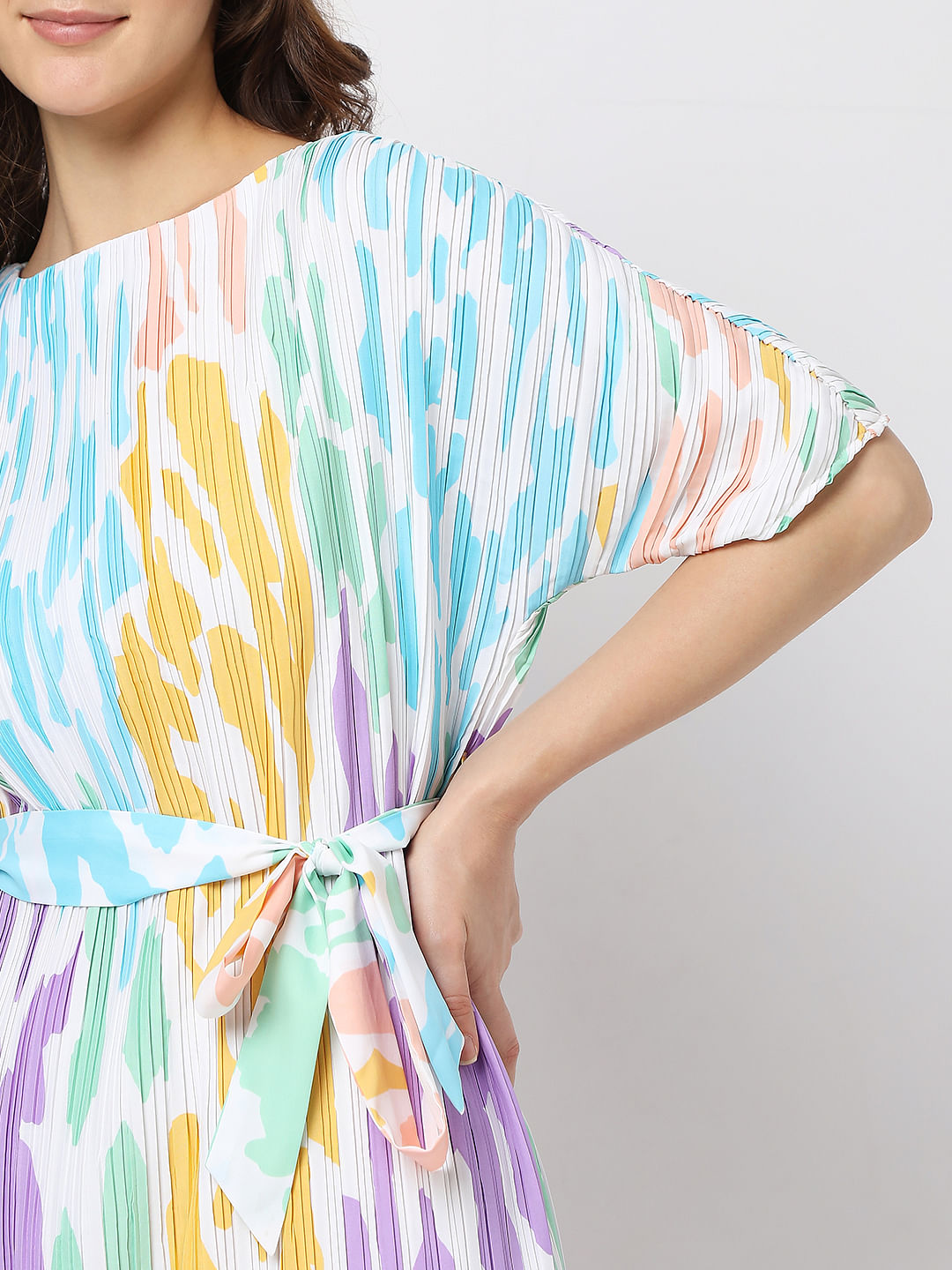 White Colourblocked Pleated Midi Dress