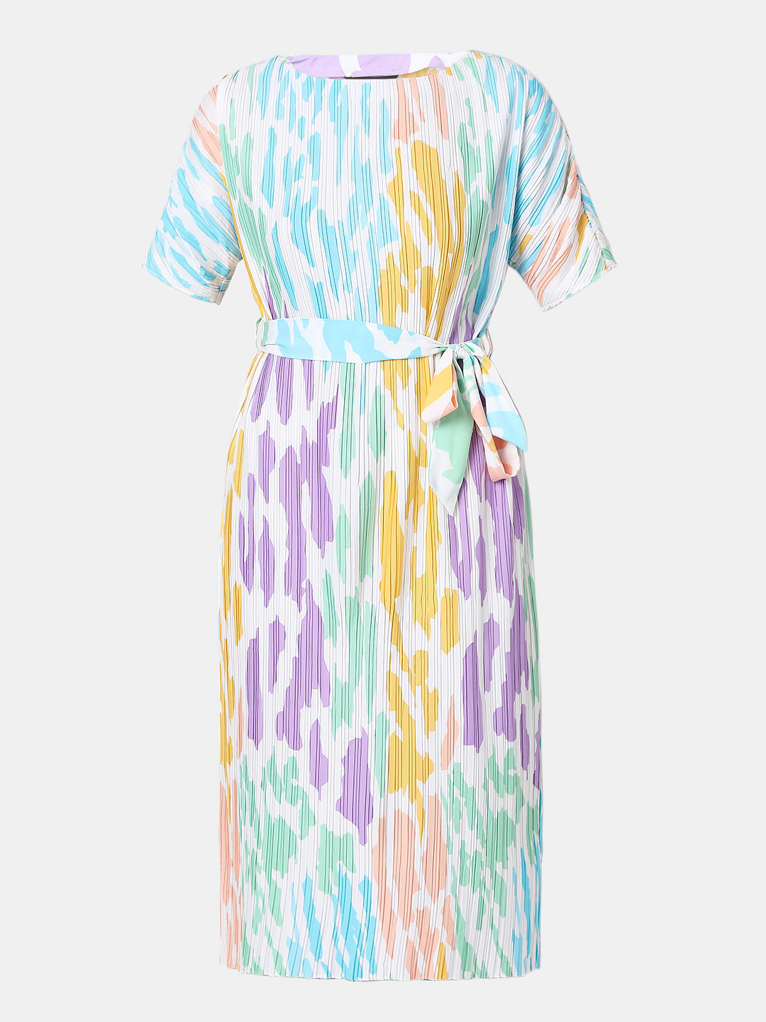 White Colourblocked Pleated Midi Dress