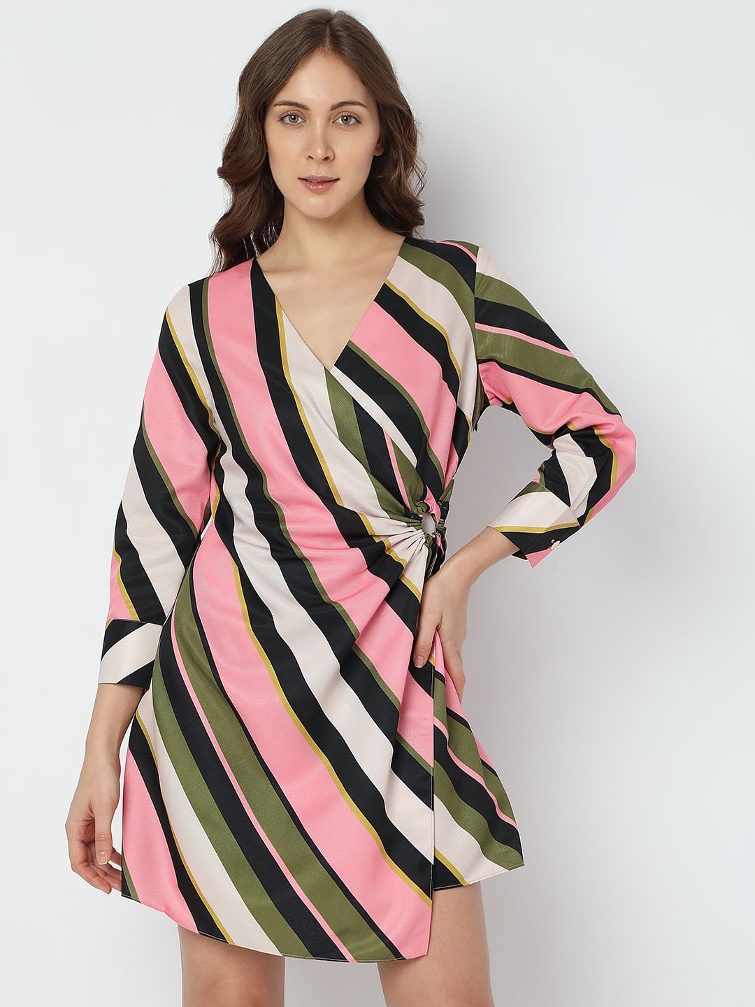 Pink Striped Overlap Mini Dress