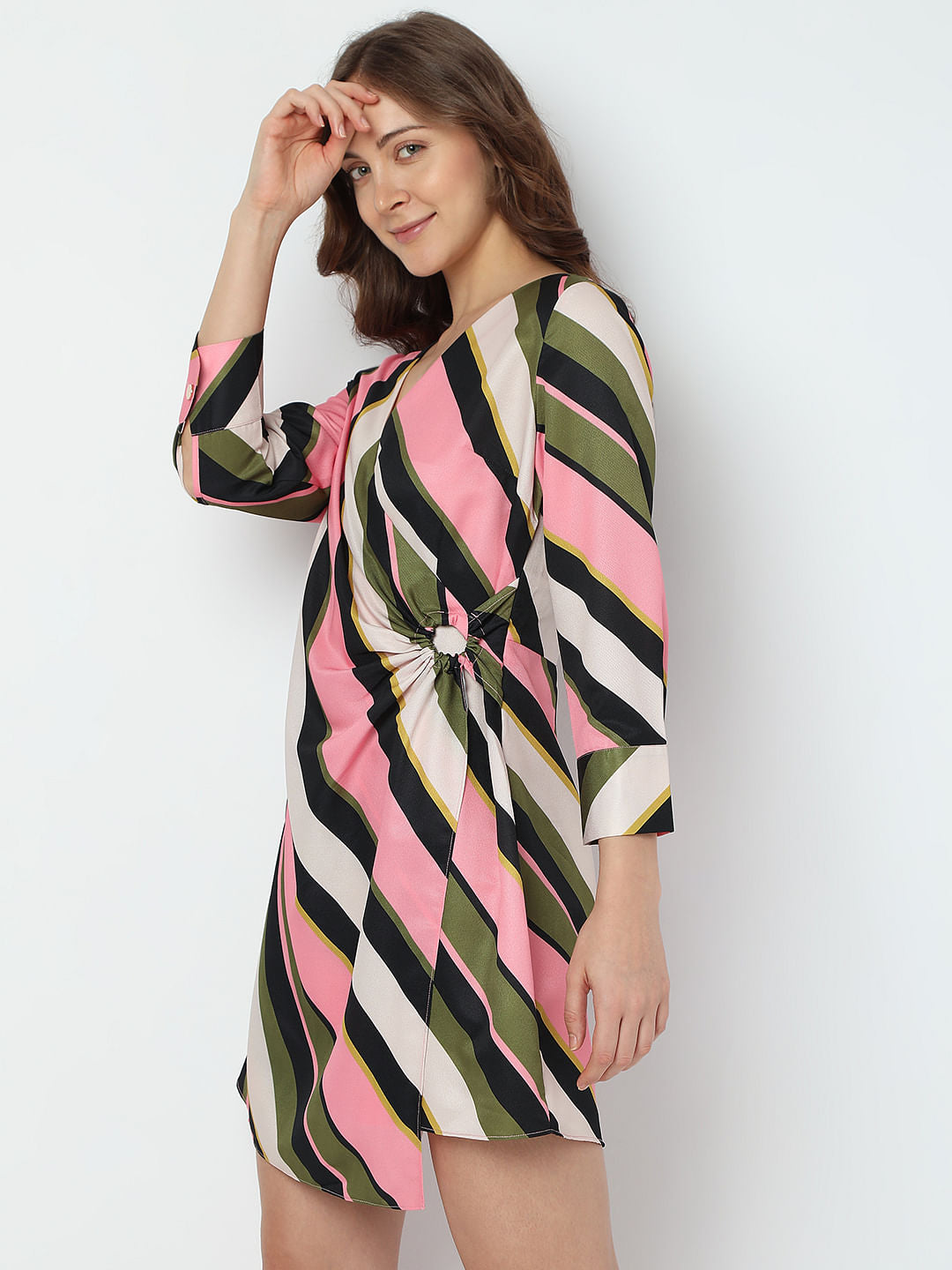 Pink Striped Overlap Mini Dress