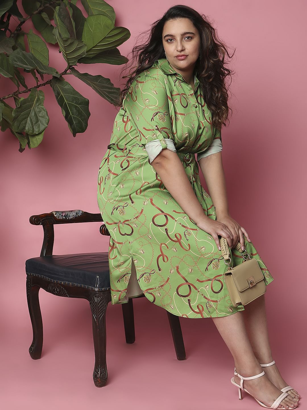 Curve Green Printed Shirt Dress