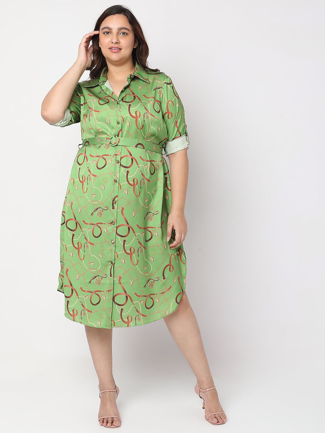 Curve Green Printed Shirt Dress