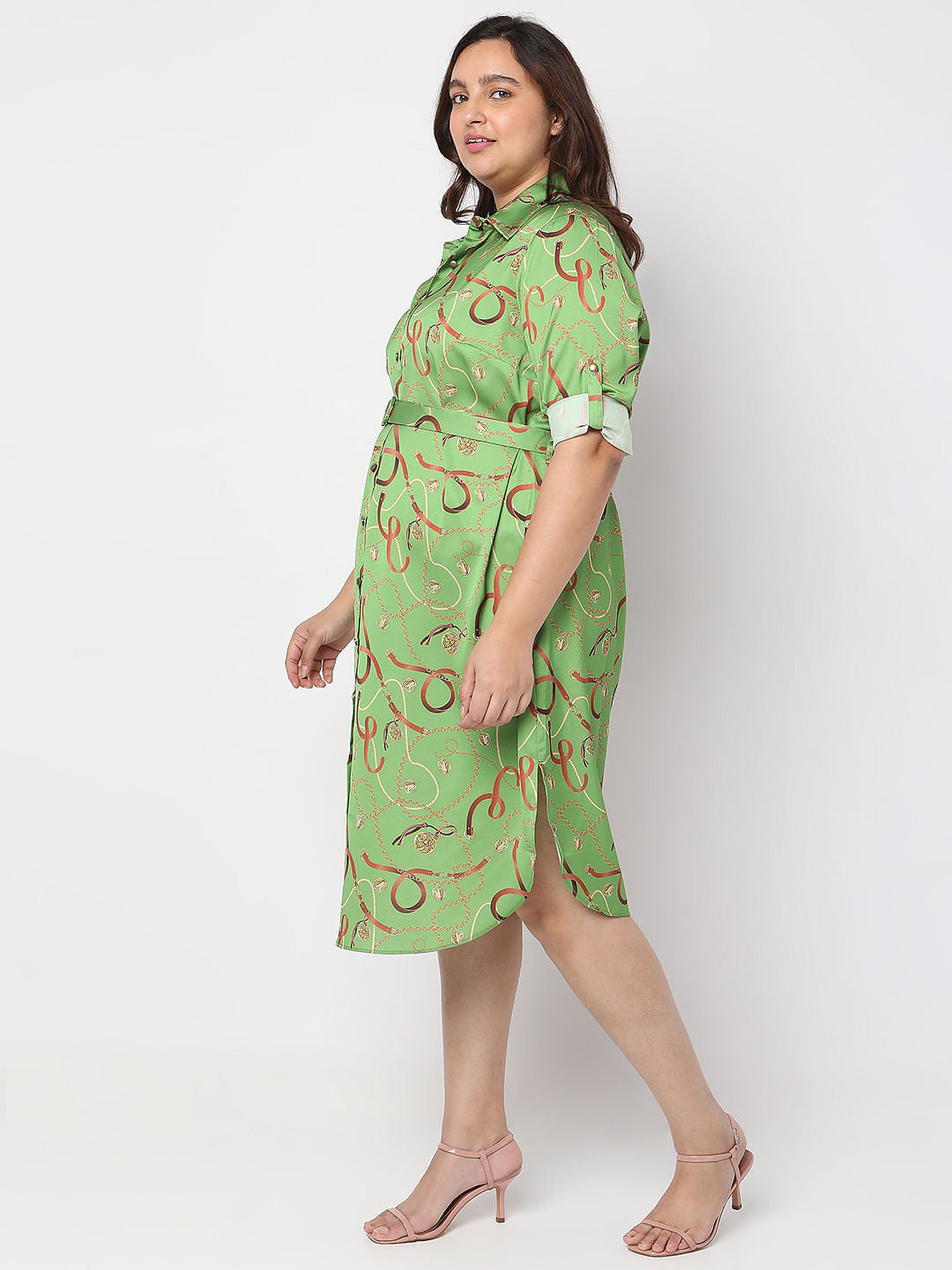 Curve Green Printed Shirt Dress