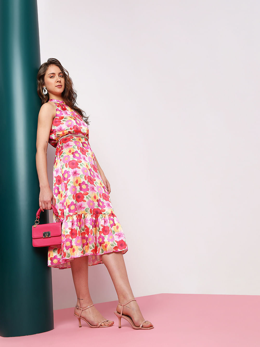 Beige Floral Halter Neck Midi Dress