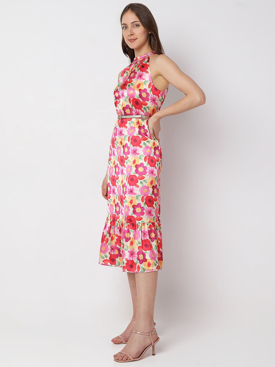 Beige Floral Halter Neck Midi Dress