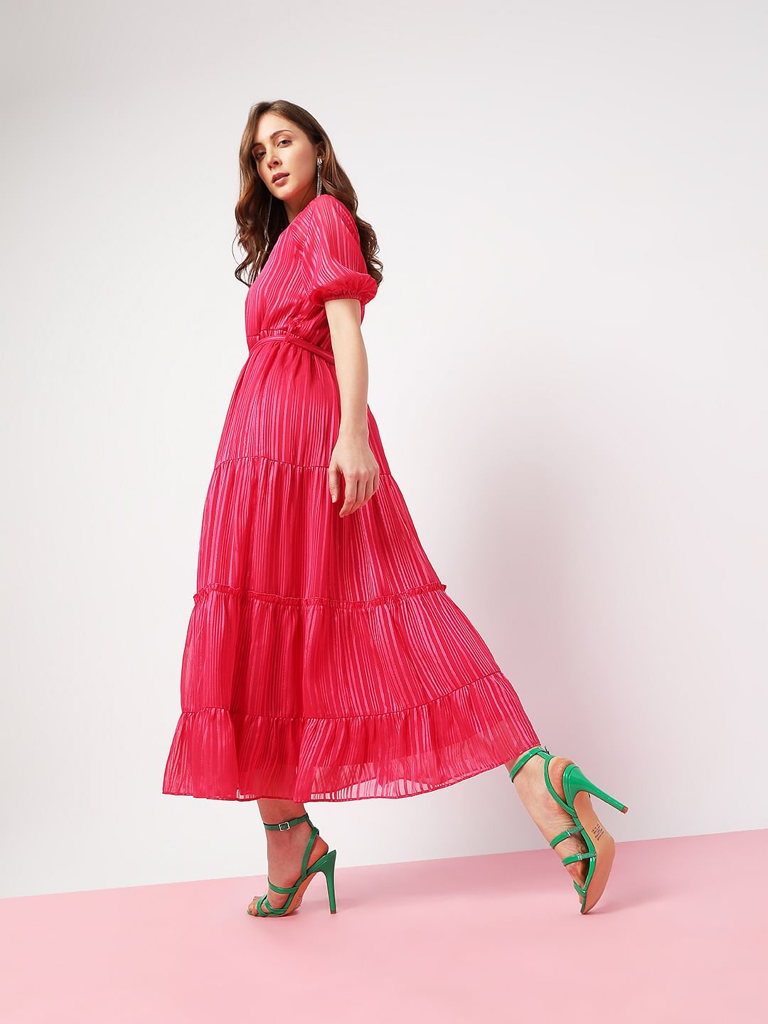 Pink Striped Tiered Maxi Dress