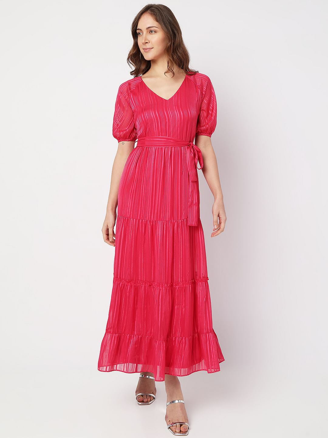 Pink Striped Tiered Maxi Dress
