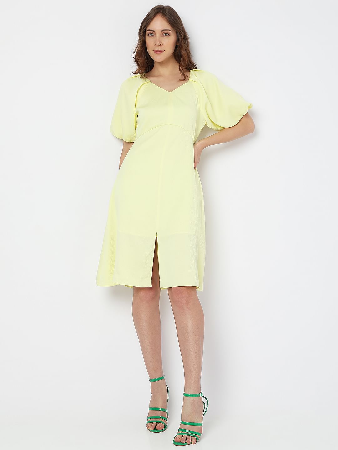 Yellow V-Neck Fit & Flare Dress