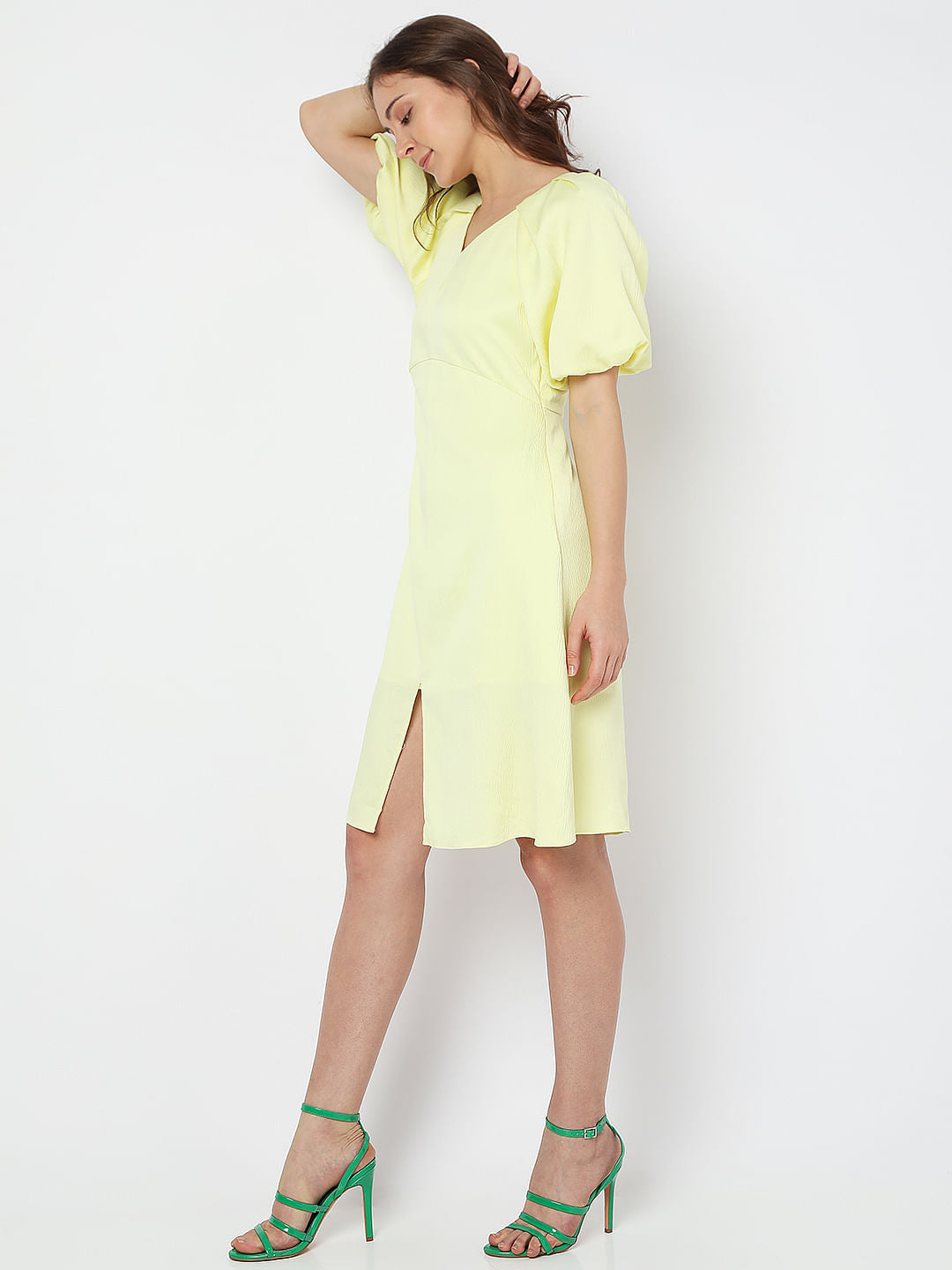 Yellow V-Neck Fit & Flare Dress