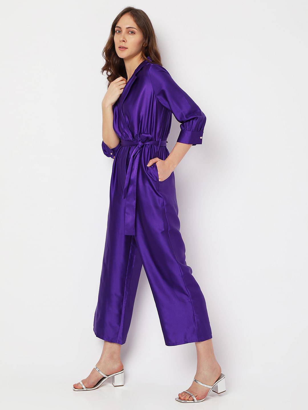 Purple Satin Wrap Jumpsuit