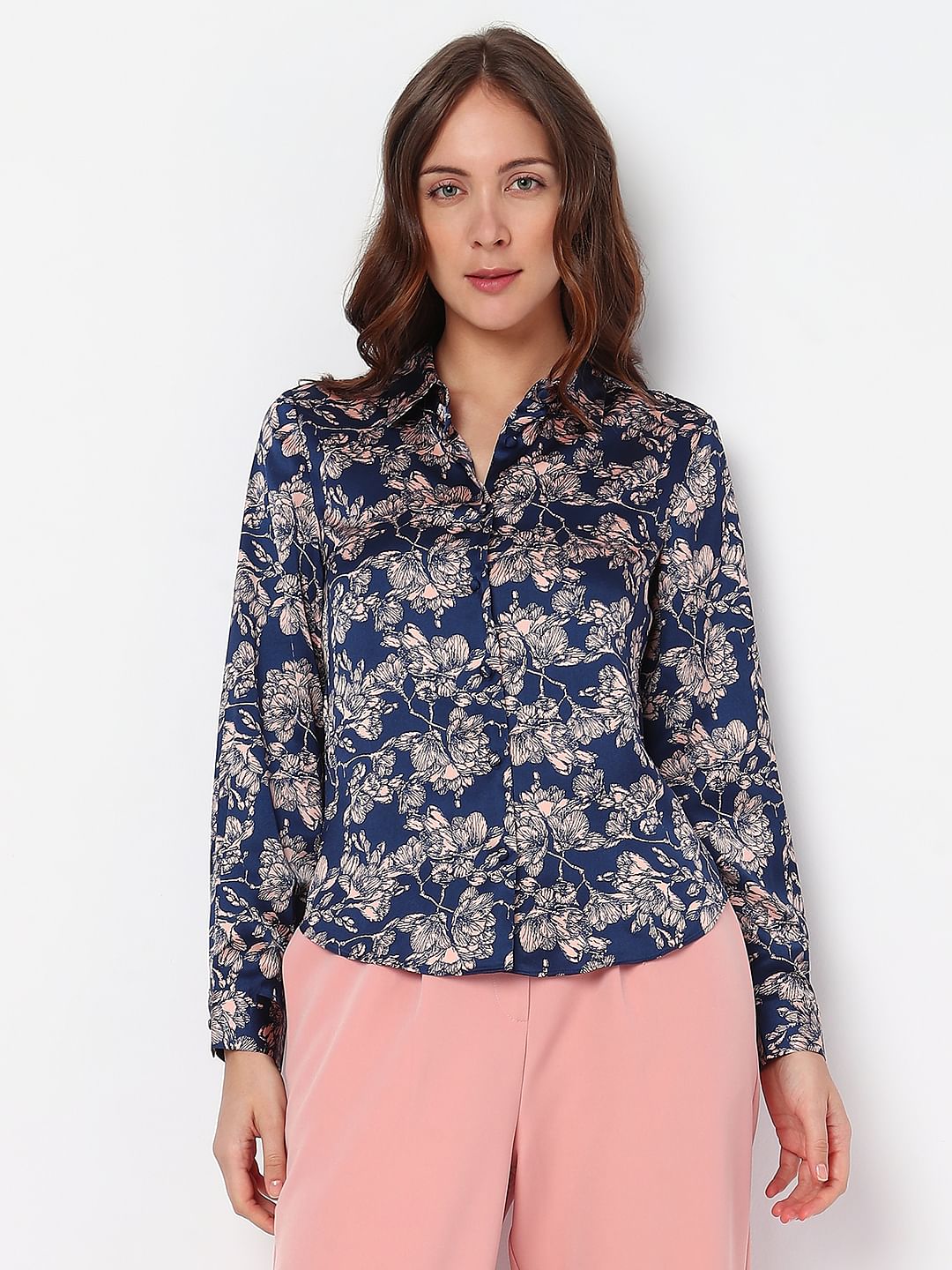 Navy Blue Floral Satin Shirt