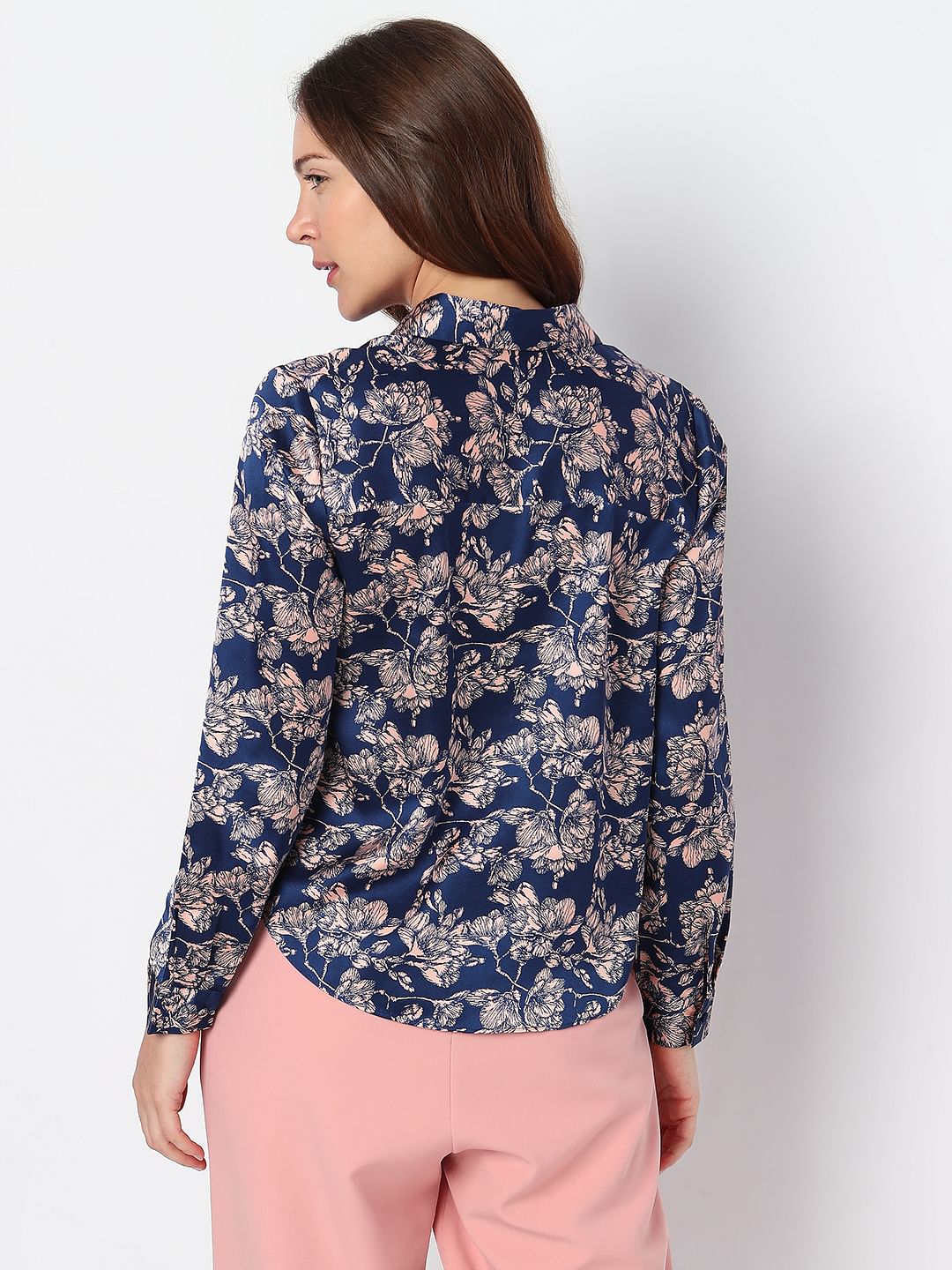 Navy Blue Floral Satin Shirt