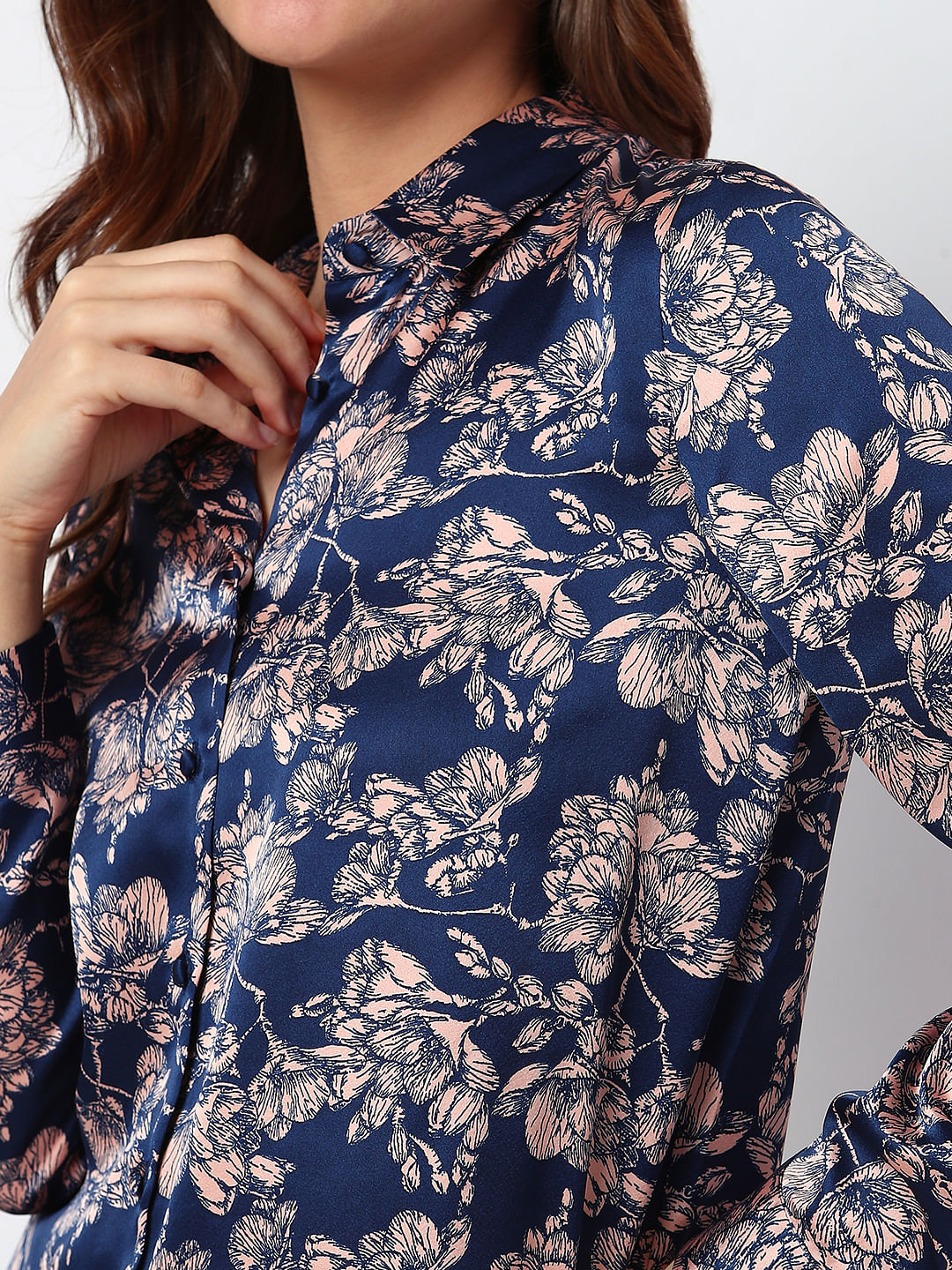 Navy Blue Floral Satin Shirt