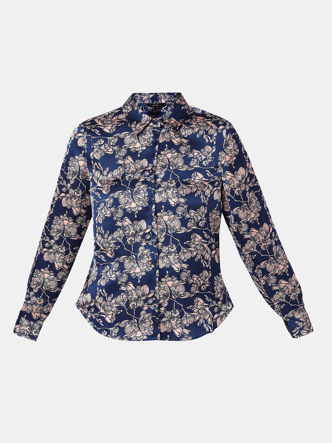 Navy Blue Floral Satin Shirt