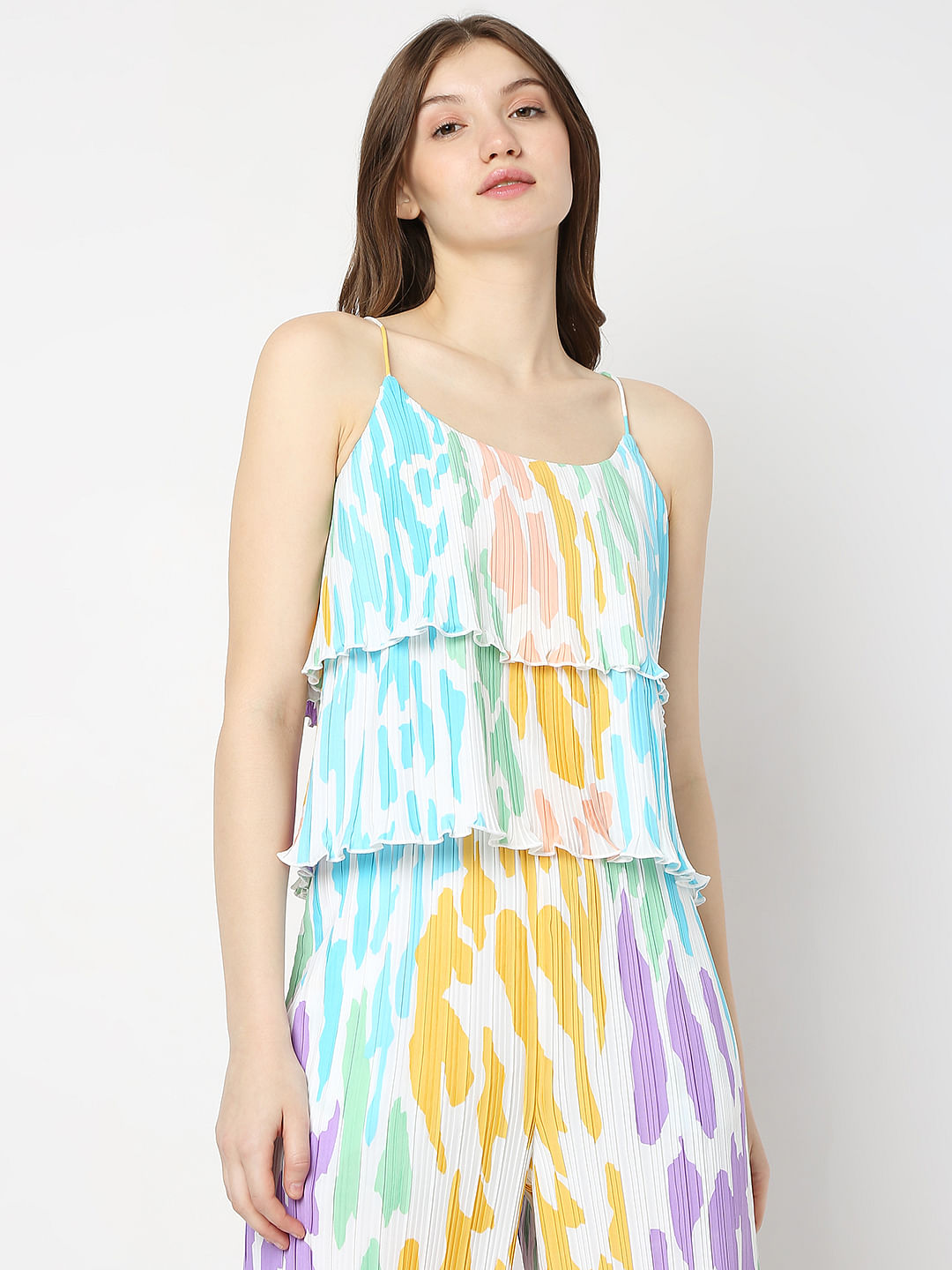 White Colourblocked Plisse Co-Ord Set Top