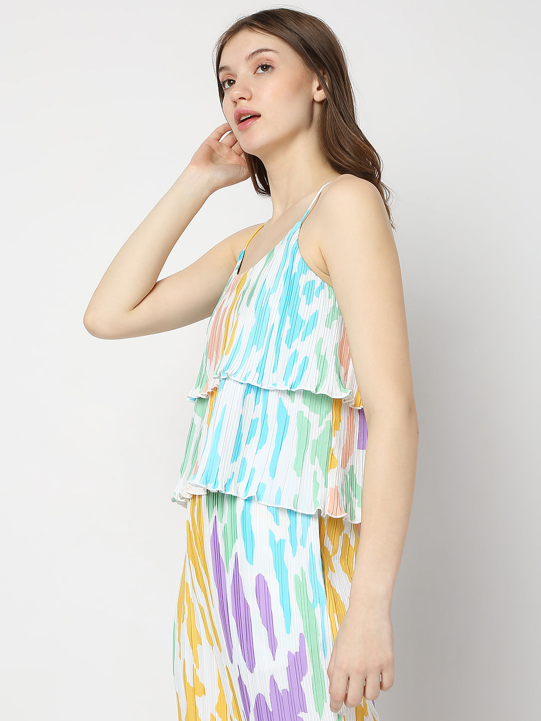 White Colourblocked Plisse Co-Ord Set Top