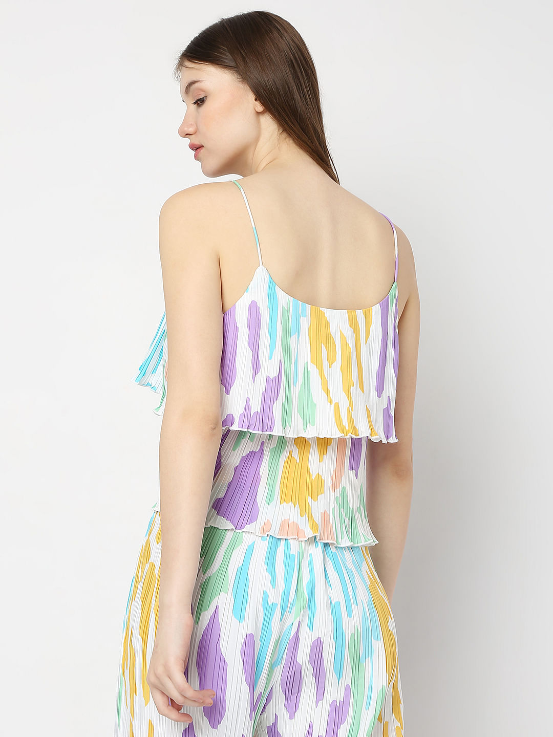 White Colourblocked Plisse Co-Ord Set Top