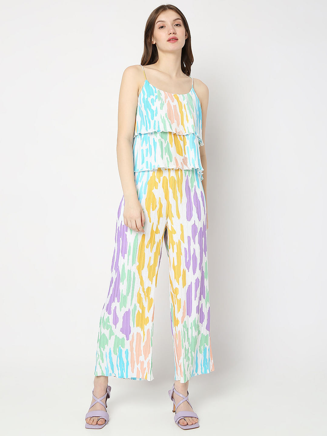 White Colourblocked Plisse Co-Ord Set Top