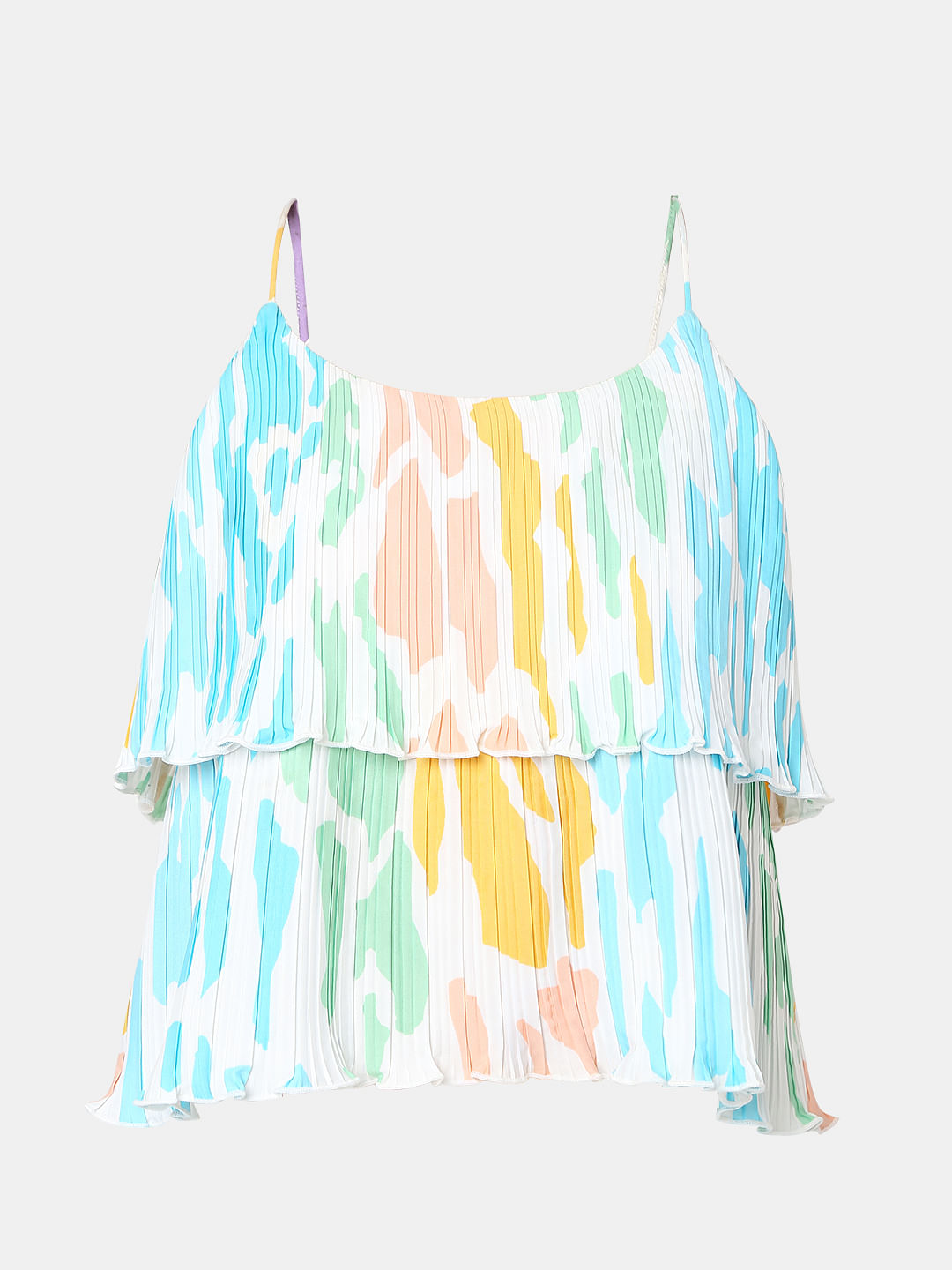 White Colourblocked Plisse Co-Ord Set Top