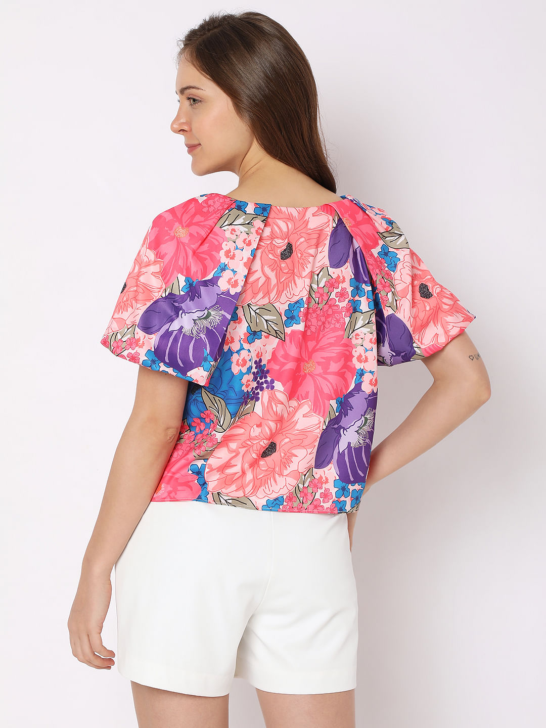 Pink Floral Balloon Sleeve Top