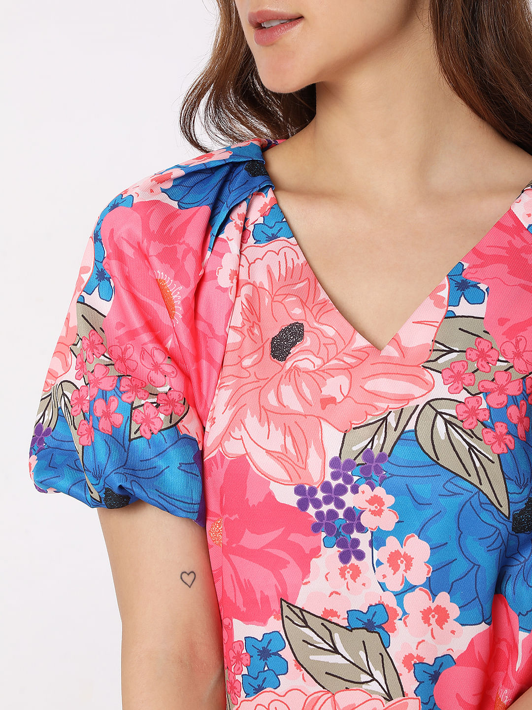 Pink Floral Balloon Sleeve Top