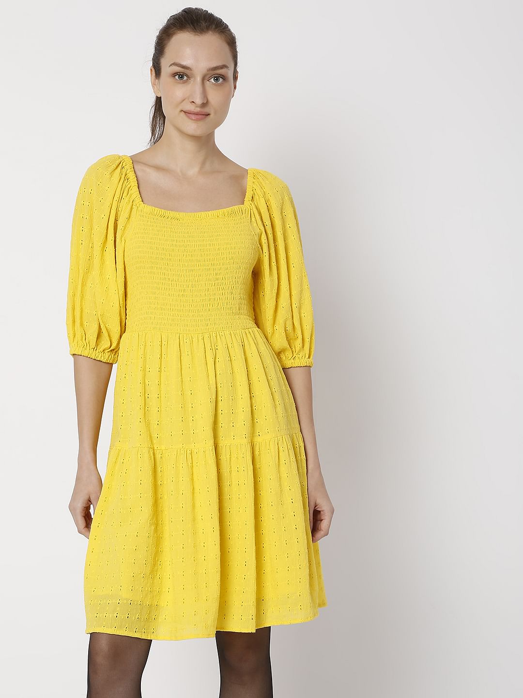 Yellow Schiffli Mini Dress